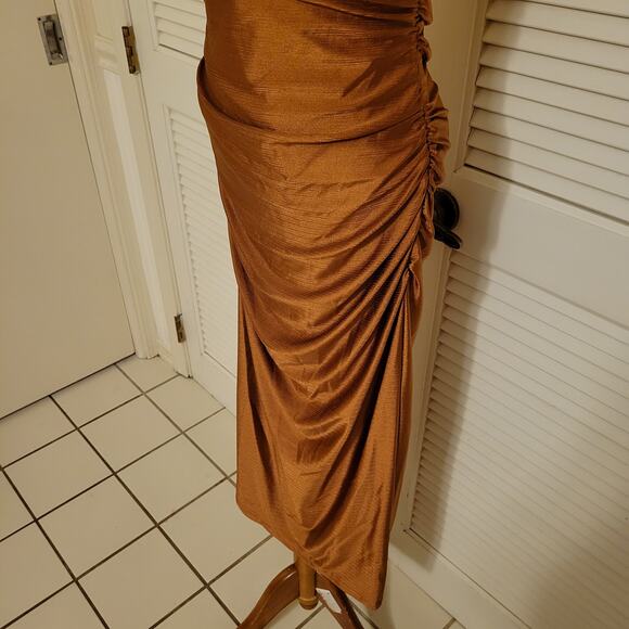 Ruched Strapless Satin Midi Dress Brown Lulu's Small Evening Cocktail - Picture 3 of 9